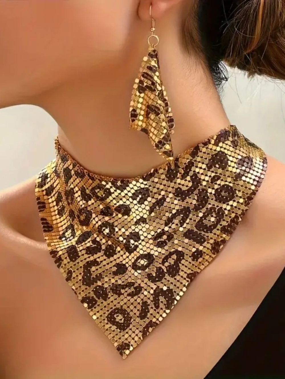 Gold Sequin Leopard Bandana Necklace with Matching Earring Set